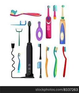 Electric and simple toothbrushes set. Collection for oral hygiene. Can be used for topics like dentistry, oral health, bathroom