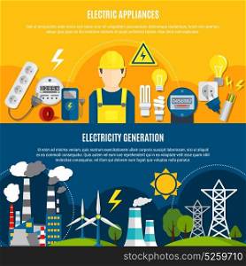 Electric Appliances And Power Generation Banners. Horizontal flat banners with electric appliances and power generation on blue and yellow background isolated vector illustration