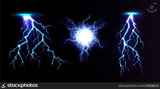 Electric ball and lightning strike, impact place, plasma sphere or magical energy flash in blue color isolated on black background. Powerful electrical discharge, Realistic 3d vector illustration. Electric ball and lightning strike, impact place