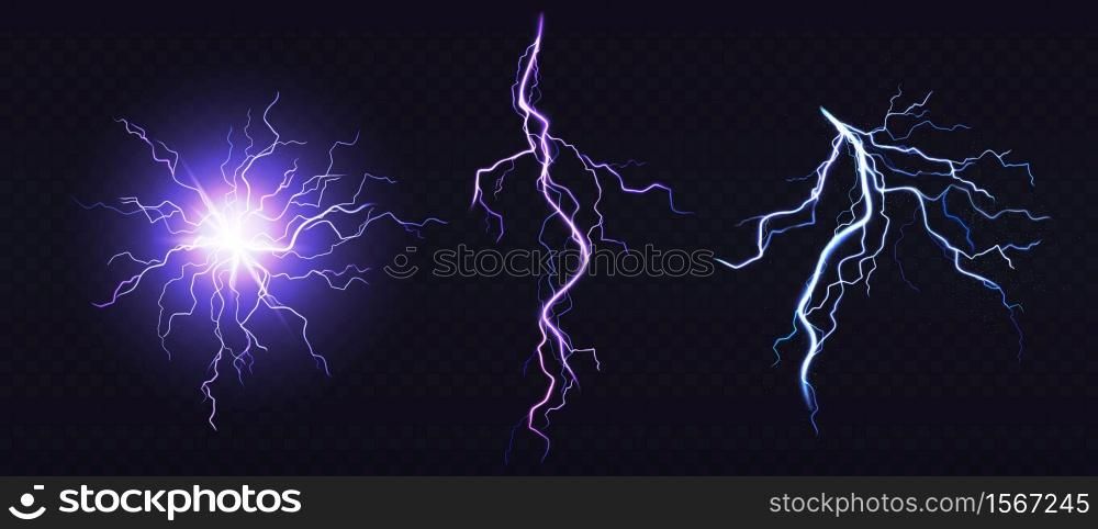 Electric ball and lightning strike, impact place, plasma sphere or magical energy flash of blue and lilac colors isolated on black background. Powerful electrical discharge, Realistic 3d vector set. Electric ball and lightning strike, impact place