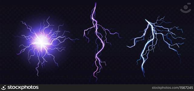 Electric ball and lightning strike, impact place, plasma sphere or magical energy flash of blue and lilac colors isolated on black background. Powerful electrical discharge, Realistic 3d vector set. Electric ball and lightning strike, impact place
