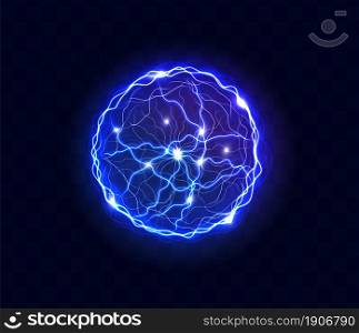 Electric ball or plasma sphere, realistic vector. Powerful electrical discharge, lightning strike impact place. Ball lightning, magical effect design element.. Powerful electrical discharge,