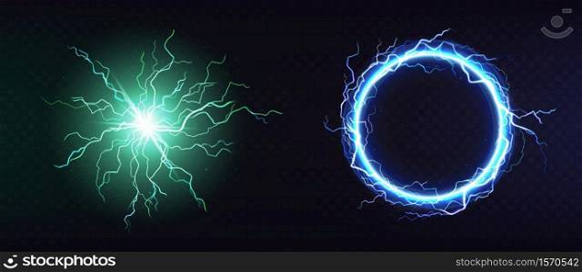 Electric ball, round lightning frame, blue thunderbolt circle border, magic portal, energy strike. Green plasma sphere, powerful electrical isolated discharge dazzle, Realistic 3d vector illustration. Electric ball, round lightning frame 3d vector