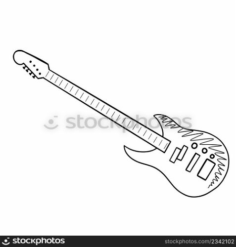 Electric bass guitar. Vector doodle illustration. Musical rock instrument.