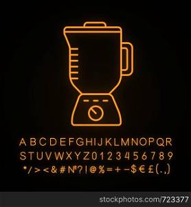 Electric blender with glass pitcher neon light icon. Stationary blender. Kitchen appliance. Glowing sign with alphabet, numbers and symbols. Vector isolated illustration. Electric blender with glass pitcher neon light icon