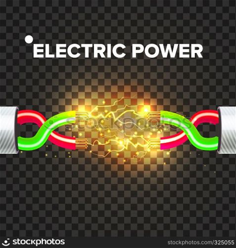 Electric Break Cable Vector. Electrical Circuit. Industrial Network Power. Glowing Lightning. 3D Realistic Isolated Illustration. Break Electric Cable Vector. Electric Arc Power. Electricity Energy. 3D Realistic Isolated Illustration