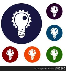 Electric bulb icons set in flat circle red, blue and green color for web. Electric bulb icons set