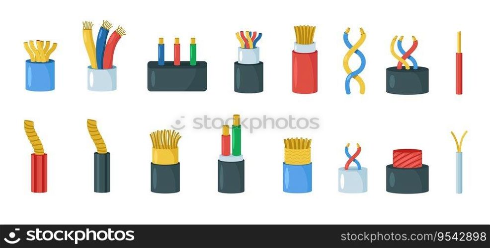 Electric cable isolation. Wiring circuit and power supply, electric cord and cable, various power line cut. Colorful wire collection. Vector set. Hardware equipment disconnection, repair concept. Electric cable isolation. Wiring circuit and power supply, electric cord and cable, various power line cut. Colorful wire collection. Vector set