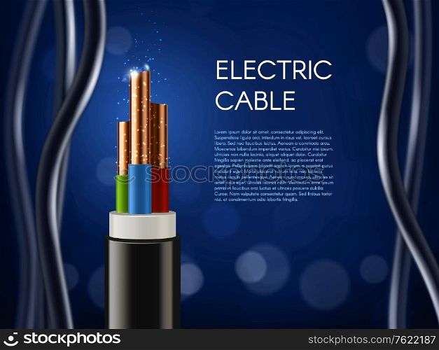 Electric cable with copper wire conductors. Vector 3d wiring, realistic wire cable with multicolored insulation and electric spark. Electricity, internet and television technology cord supply poster. Electric cable with copper wire conductors poster