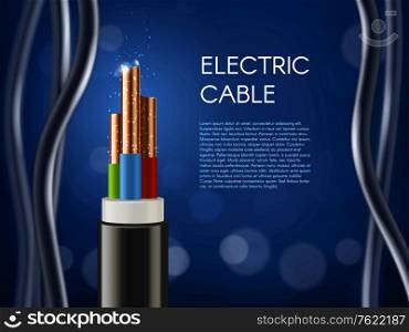 Electric cable with copper wire conductors. Vector 3d wiring, realistic wire cable with multicolored insulation and electric spark. Electricity, internet and television technology cord supply poster. Electric cable with copper wire conductors poster
