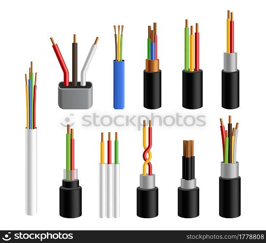 Electric cables. Realistic copper wires. 3D colorful electricity conductors set. Industrial bundles of intertwined power cords. Electrical conductors metal core in safe rubber isolation. Vector wiring. Electric cables. Realistic copper wires. 3D electricity conductors set. Industrial bundles of intertwined power cords. Electrical conductors metal core in safe isolation. Vector wiring