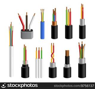Electric cables. Realistic copper wires. 3D colorful electricity conductors set. Industrial bundles of intertwined power cords. Electrical conductors metal core in safe rubber isolation. Vector wiring. Electric cables. Realistic copper wires. 3D electricity conductors set. Industrial bundles of intertwined power cords. Electrical conductors metal core in safe isolation. Vector wiring