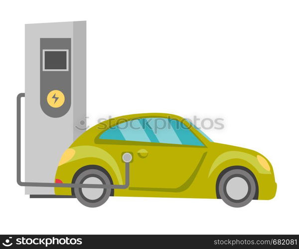 Electric car and power supply for electric car charging vector cartoon illustration isolated on white background.. Power supply for electric car charging.