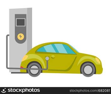 Electric car and power supply for electric car charging vector cartoon illustration isolated on white background.. Power supply for electric car charging.