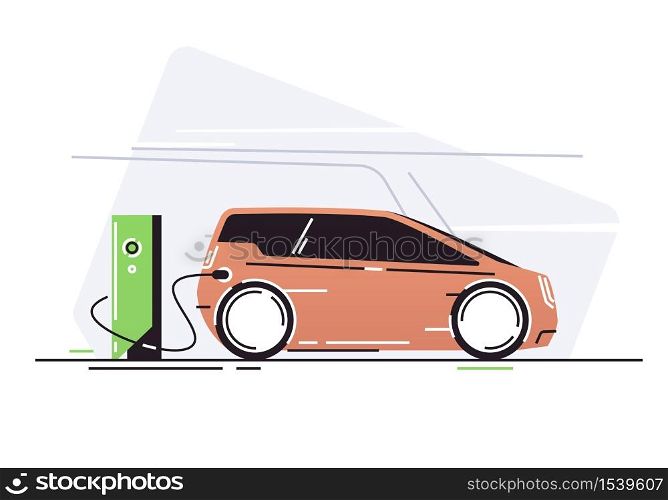 Electric car at vehicle charging station. Vector illustration.. Electric car at vehicle charging station. Vector illustration