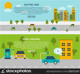 Electric Car Banner Set . Electric car and refill available or charging station flat color horizontal banner set isolated vector illustration