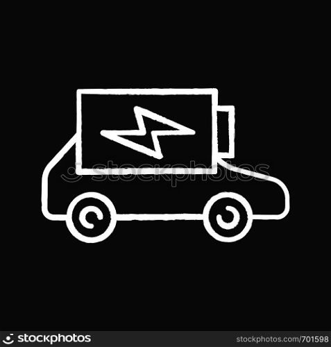 Electric car battery charging chalk icon. Automobile battery level indicator. Eco friendly auto. Isolated vector chalkboard illustrations. Electric car battery charging chalk icon