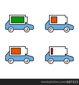 Electric car battery charging color icons set. Automobile battery level indicator. High, middle and low charge. Eco friendly auto. Isolated vector illustrations. Electric car battery charging color icons set