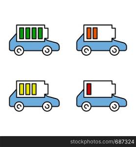 Electric car battery charging color icons set. Automobile battery level indicator. High, middle and low charge. Eco friendly auto. Isolated vector illustrations. Electric car battery charging color icons set