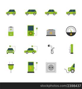 Electric car bus charging station and socket green flat color icon set isolated vector illustration. Electric Car Icon Set