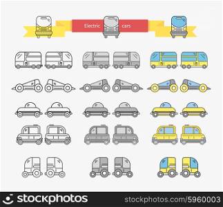 Electric car bus concept design linear. Transport and electric car charging, electric vehicle, hybrid car, transportation vehicle, power automobile, auto traffic, electrical energy illustration
