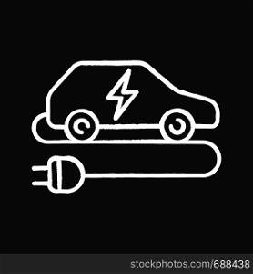 Electric car chalk icon. Eco friendly auto. Green vehicle. Automobile with electric plug. Isolated vector chalkboard illustrations. Electric car chalk icon
