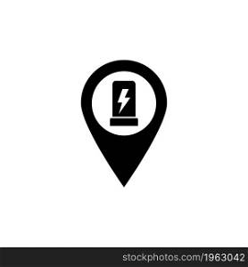 Electric Car Charge Station Map Pin. Flat Vector Icon. Simple black symbol on white background. Electric Car Charge Station Map Pin Flat Vector Icon
