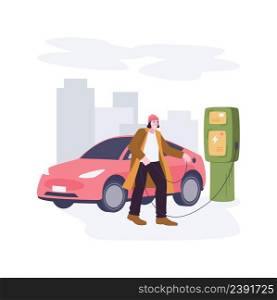 Electric car chargers isolated cartoon vector illustrations. Smiling man charging electric car near smart office, modern business center, eco-friendly transportation vector cartoon.. Electric car chargers isolated cartoon vector illustrations.