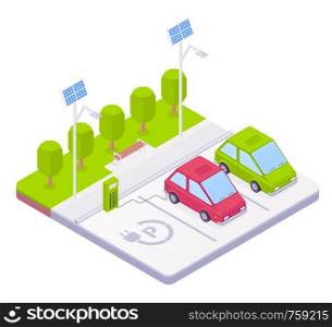 Electric car charging at the charger station with solar panels producing electricity. Alternative energy, eco-friendly transport concept. Vector cartoon isometric illustration on white background.. Electric car charging at the charger station.