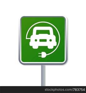 Electric car charging point green sign. Vector stock illustration.