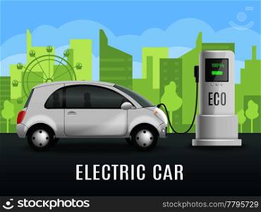 Electric car charging realistic composition with electrically powered automobile near eco friendly charging point with outdoor scenery vector illustration. Electromobile Charging Realistic Background