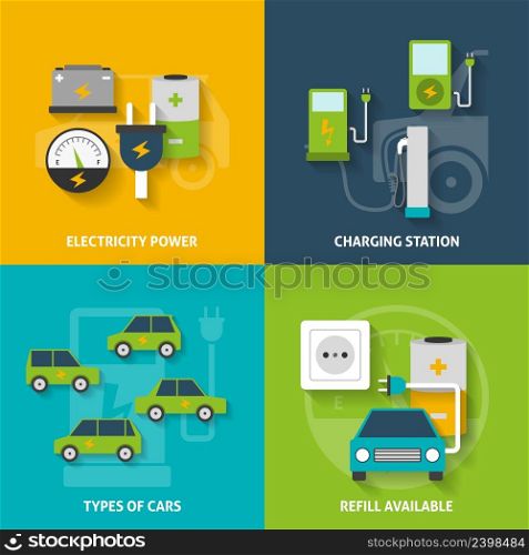 Electric car charging station and electricity power flat color decorative icon set isolated vector illustration. Electric Car Decorative Icon Set
