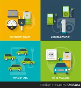 Electric car charging station and electricity power flat color decorative icon set isolated vector illustration. Electric Car Decorative Icon Set
