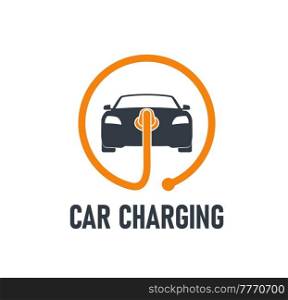 Electric car charging station icon with battery charger plug, vector vehicle charge sign. EV hybrid and electric car charging station or electro power recharge point symbol with orange cable. Electric car charging station battery charger plug