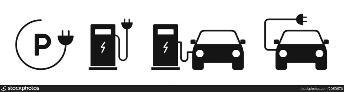 Electric car charging station icons set. Charger for sustainable transport. Vector. Electric car charging station icons set. Charger for sustainable transport. Vector illustration