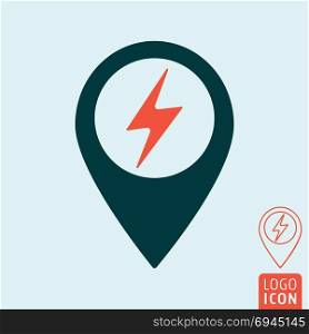 Electric car charging station map pin icon. Electrical cable plug charge location point. Vector illustration.. Electric car charging station map pin icon