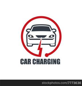 Electric car charging station vector icon with battery charger plug. Electric motor vehicle or EV auto symbol with eco energy and environment friendly car in frame of charging cable and lightning bolt. Electric car charging station vector icon