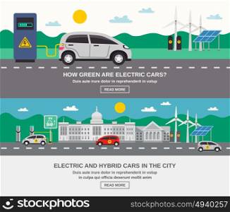 Electric Car City 2 Flat Banners . Electric and hybrid cars in city 2 flat banners webpage design on green energy information isolated vector illustration