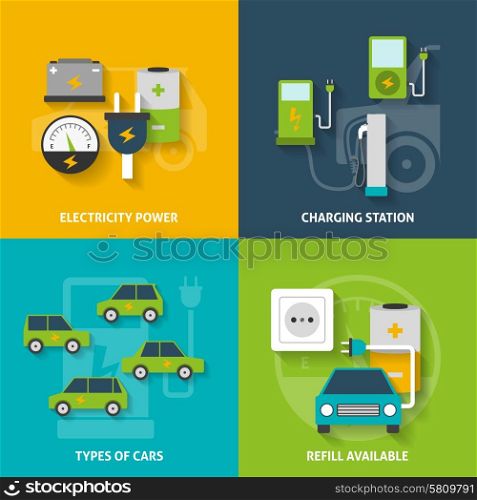 Electric Car Decorative Icon Set . Electric car charging station and electricity power flat color decorative icon set isolated vector illustration