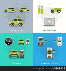 Electric car design concept set with battery power charging station flat icons isolated vector illustration. Electric Car Set