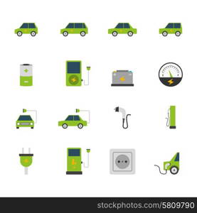 Electric Car Icon Set . Electric car bus charging station and socket green flat color icon set isolated vector illustration