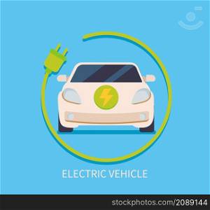 Electric car inside circle from cable with plug, consumption of environmentally friendly electricity.Electric vehicle, eco-friendly concept, hybrid vehicles ready for charging.Vector illustration.. Electric car inside circle from cable with plug.
