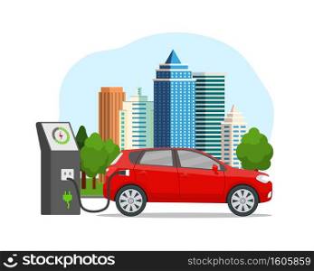 Electric car is charging at electric charger station near the city. Hybrid auto charges the battery via cable. Vehicle eco recharge. Flat vector illustration. Electric car is charging at electric charger station near the city. Hybrid auto charges the battery via cable. Vehicle eco recharge. Flat vector