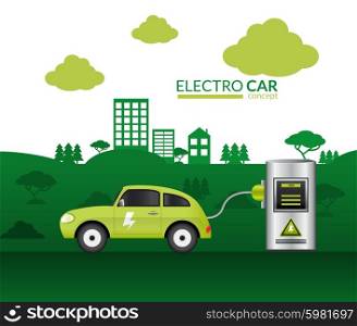 Electric car print with green auto plugged into battery vector illustration. Electric Car Print