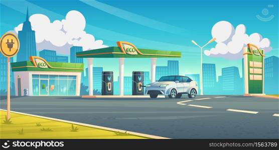 Electric car recharge station, ev refueling service in city of future, hybrid vehicle at battery charger on cityscape background, eco energy fuel selling for urban auto, Cartoon vector illustration. Electric car recharge station ev refueling service