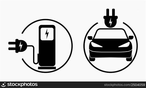 Electric car smart car icon with a charging station with plug-in cable. black and white are isolated on white background. Green Energy concept. vector illustration of future transport electric emo.