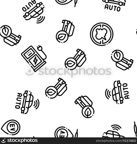 Electric Car Transport Seamless Pattern Vector Thin Line. Illustrations. Electric Car Transport Seamless Pattern Vector