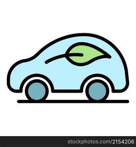 Electric car with a leaf icon. Outline electric car with a leaf vector icon color flat isolated. Electric car with a leaf icon color outline vector
