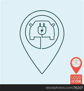 Electric car with map pin icon. Electrical cable plug charging station symbol. Vector illustration.. Electric car with map pin icon
