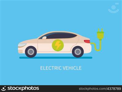Electric car with plug, green electricity energy consumption. EV car, Eco friendly vehicle concept, hybrid vehicles ready to charging. Template design for electric station. Vector illustration.. Electric car with plug.